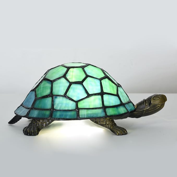 A0019 Tiffany Style Turtle Table Lamp, Handmade Stained Glass Tortoise Animal Night Light, Vintage Accent Desk Lamp for Bedroom Bedside Living Room Home Decor, LED Bulb Included (Green)