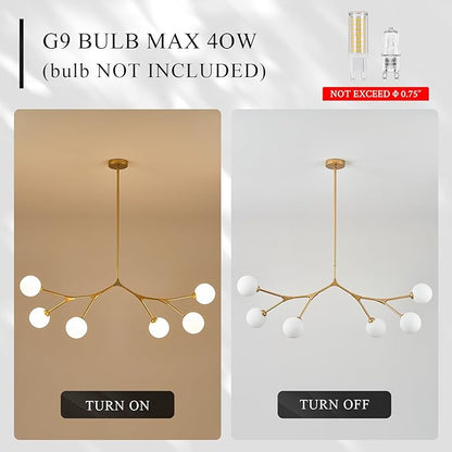 Modern 6 Lights Sputnik Chandelier for Dining Room L45’’ Gold Pendant Light Fixture with Milk Glass Shade Large Mid Century Chandelier for Kitchen Island Bedroom Living Room