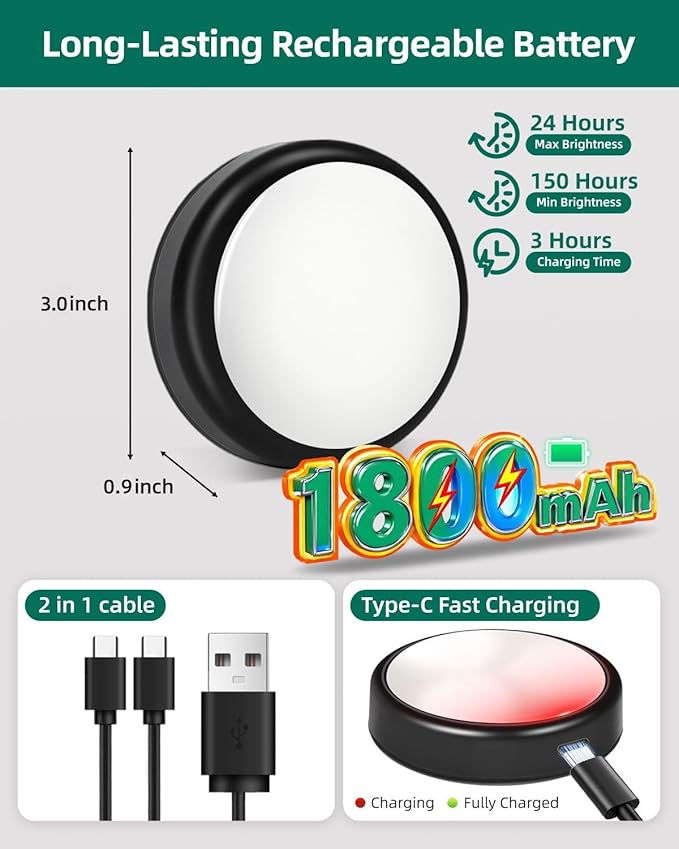 6-Pack Puck Lights with Remote, 1800mAh Rechargeable Under Cabinet Lighting, 3 Color Temps & 7 RGB Colors, Long-Lasting Dimmable Stick-On Lights for Cabinet, Kitchen, Shelf, Party
