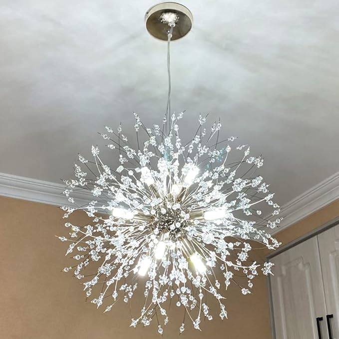 Modern Crystal Chandeliers 9-Light Chrome Dandelion Light Fixture,Firework Chandelier,Personalized Ceiling Hanging Lighting for Bedroom,Dining Room,Kitchen,Aisle Chandelier