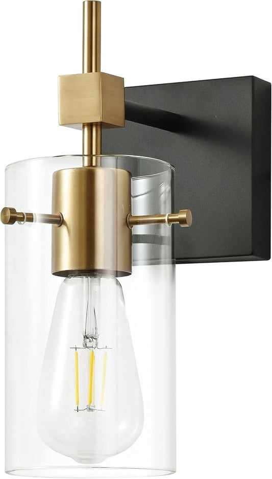 SOLFART 1 Light Vintage Vanity Light Bathroom Light Fixture Over Mirror for Bath Glass Shade Wall Light Black and Brass Lighting Fixture
