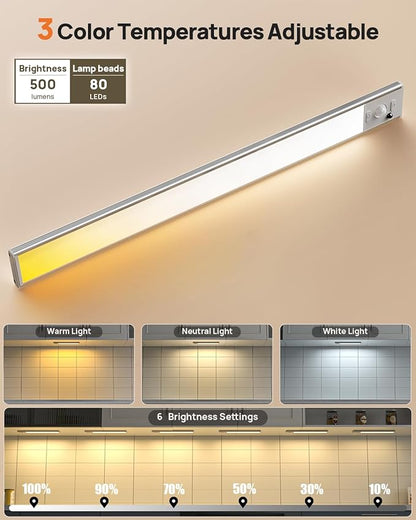 16inch Under Cabinet Lighting with Remote, LED Motion Sensor Light Indoor, 4000mAh Rechargeable Closet Lights, 3 Color Temps Wireless Under Counter Lights for Kitchen, Pantry, Stair, 2 Pack