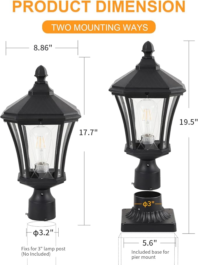 Dusk to Dawn Outdoor Post Lights with Pier Mount Base, Weather Resistant Aluminum 20" Exterior Pillar Coach Light with Clear Glass, Black Outdoor Pole Lamps for Patio, Porch, Yard