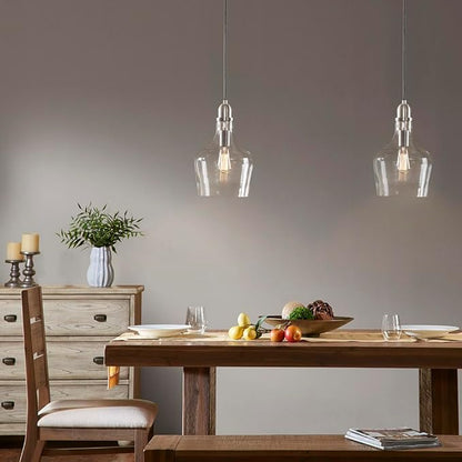 INK+IVY Auburn Pendant Kitchen Lighting for Dining Room, Industrial Lights, Hand-blown Glass Bell Shaped Pendant Light for Kitchen Island, Foyer, Bedroom, 9" Dia x 95.5" H, Silver/Clear
