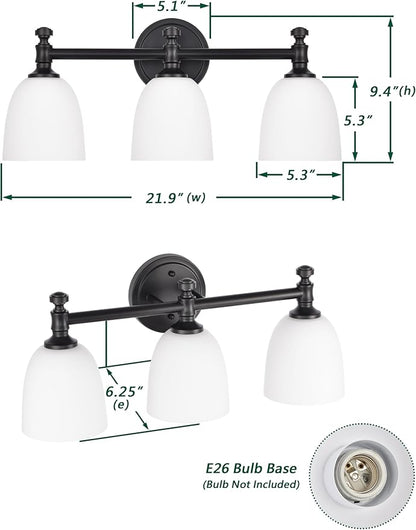 Black Bathroom Vanity Light, 3-Light Bathroom Light Fixtures Over Mirror, Traditional Vanity Lights for Living Room, Milk White Bell Glass Shades, Standard E26 Base, Matte Black