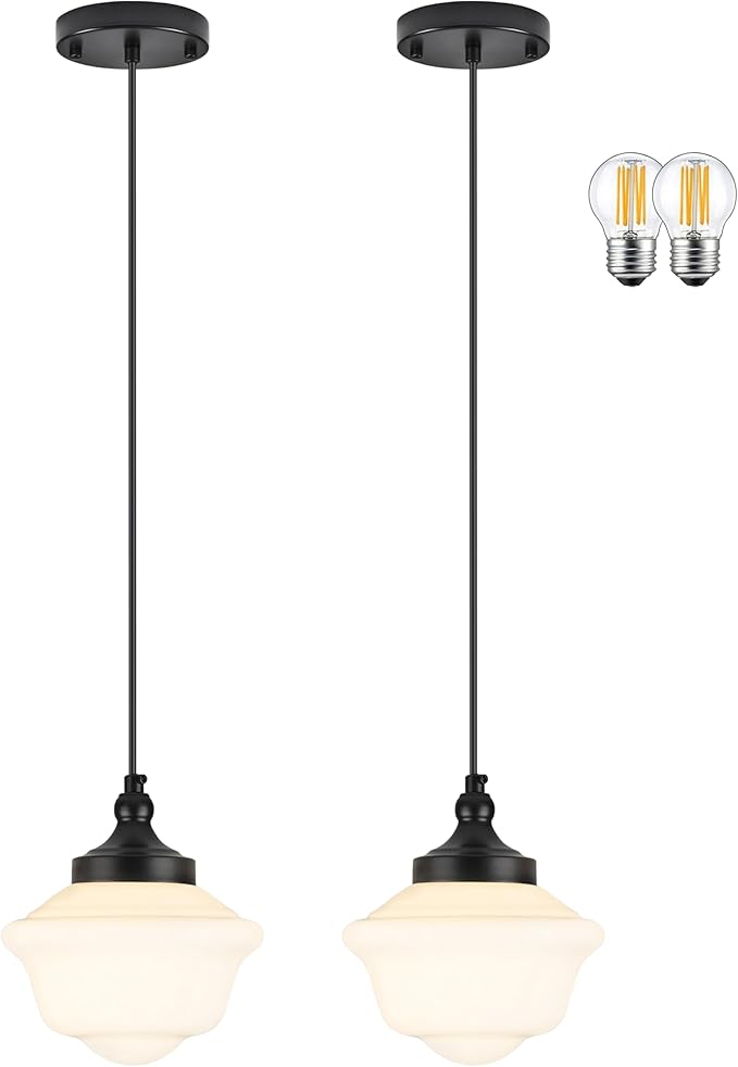 Bagood 2 Pack 8" Black Milk Glass Pendant Light Schoolhouse Light Fixture Schoolhouse Pendant Light Milk Glass Light Fixture Mid Century Modern Light Fixture for Kitchen Island Bathroom (Bulb Incl.)