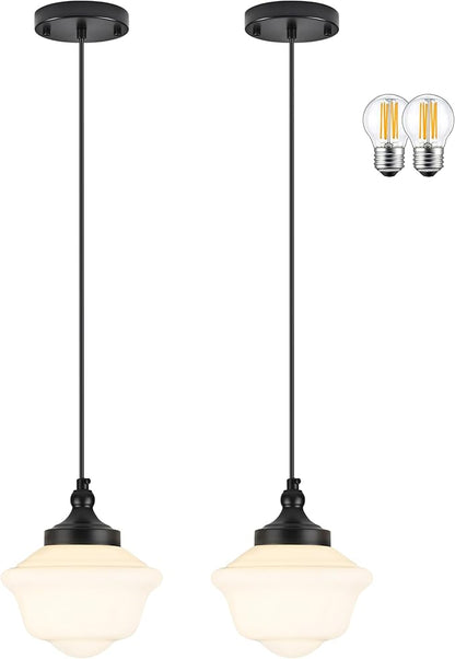 Bagood 2 Pack 8" Black Milk Glass Pendant Light Schoolhouse Light Fixture Schoolhouse Pendant Light Milk Glass Light Fixture Mid Century Modern Light Fixture for Kitchen Island Bathroom (Bulb Incl.)