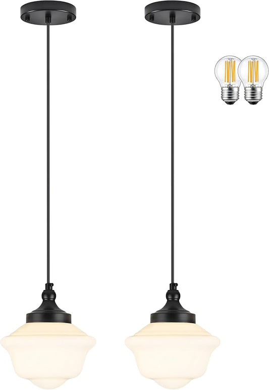 Bagood 2 Pack 8" Black Milk Glass Pendant Light Schoolhouse Light Fixture Schoolhouse Pendant Light Milk Glass Light Fixture Mid Century Modern Light Fixture for Kitchen Island Bathroom (Bulb Incl.)
