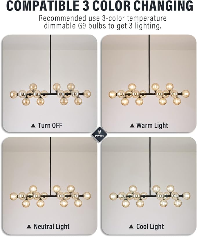 Glass Globe Sputnik Chandelier, 16-Light Mid Century Modern Light Fixture Over Table, Linear Chandeliers for Dining Room, Kitchen Island, Black and Amber Bubble, 40 Inch, GC-02
