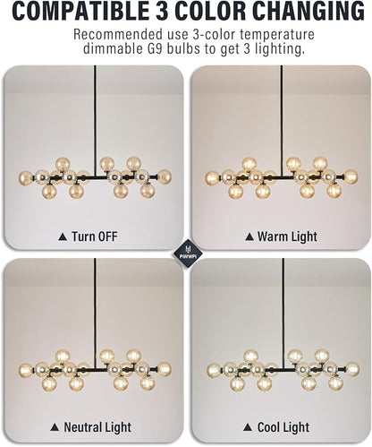 Glass Globe Sputnik Chandelier, 16-Light Mid Century Modern Light Fixture Over Table, Linear Chandeliers for Dining Room, Kitchen Island, Black and Amber Bubble, 40 Inch, GC-02
