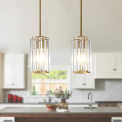 Gold Modern Crystal Pendant Lights Hanging Light Fixture, 2 Pack Pendant Lights Kitchen Island Adjustable Mini Pendant Lighting Fixtures for Kitchen Island Dining Room Hallway Bedroom