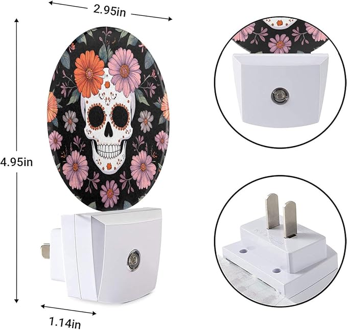 EKOBLA Floral Skull Plug-in Night Light, Skeleton & Flower LED Nightlight with Auto Sensor for Bedroom & Hallway