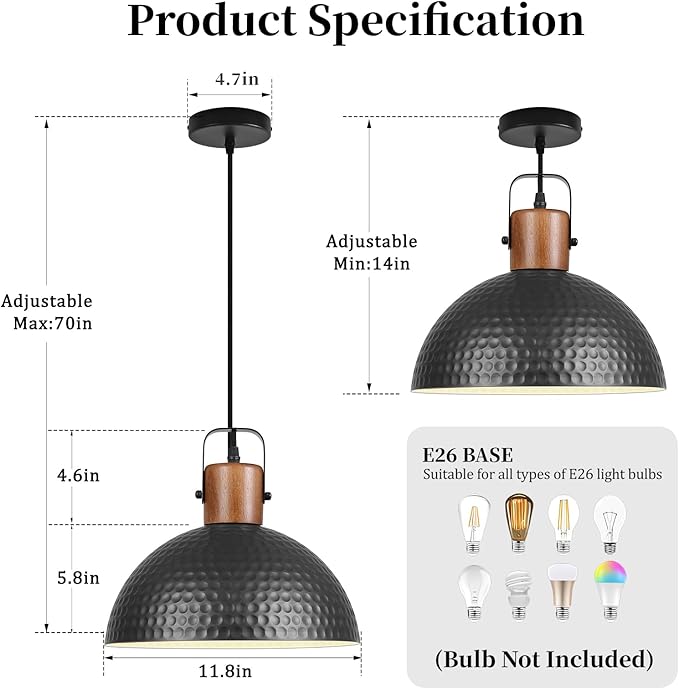 Black Pendant Light, 11.8" Hammered Metal Ceiling Hanging Light Fixture,Solid Wood Dome Pendant Lighting,Modern Industrial Chandelier for Kitchen Island, Dining Table, Restaurant, Farmhouse, Hallway