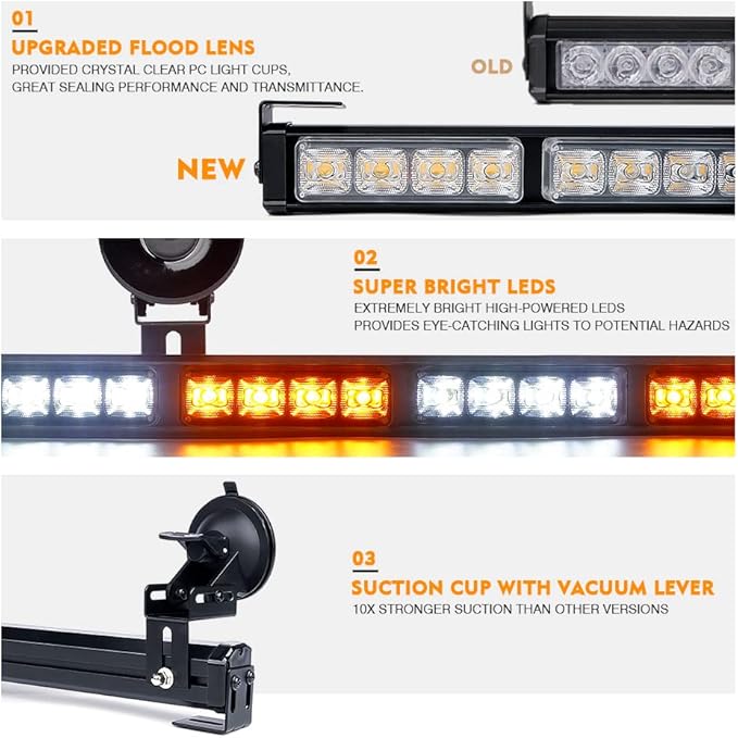 Xprite 35.5" Traffic Advisor Light Bar, LED Emergency Strobe Lights with 21 Flash Patterns, Suction Mount & Cigarette Plug, Strobe Lights for Trucks, SUV, Car - White & Amber