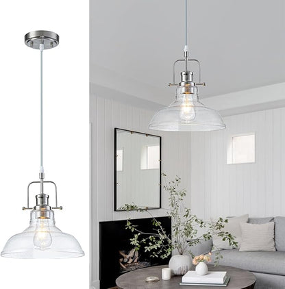 WILON Seeded Glass Pendant Lights,11 Inch Sand Nickel Pendant Lights Kitchen Island with E26 Base Vintage Hanging Ceiling Lamp for Kitchen Sink Hallway Dining Room Entry Hall(Sand Nickel Color)