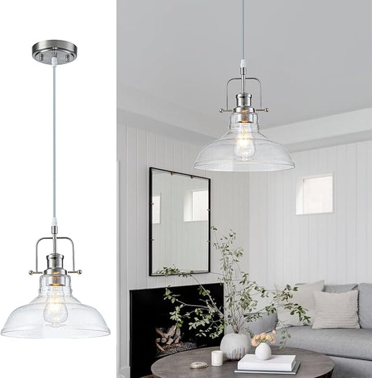 WILON Seeded Glass Pendant Lights,11 Inch Sand Nickel Pendant Lights Kitchen Island with E26 Base Vintage Hanging Ceiling Lamp for Kitchen Sink Hallway Dining Room Entry Hall(Sand Nickel Color)