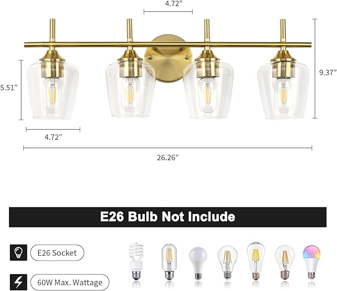 Bathroom Light Fixtures 4-Light Gold Bathroom Vanity Light with Clear Glass Shade, Modern Wall Lights for Bedroom Hallway Living Room (Gold, 4-Light)