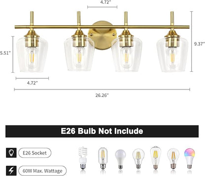 Bathroom Light Fixtures 4-Light Gold Bathroom Vanity Light with Clear Glass Shade, Modern Wall Lights for Bedroom Hallway Living Room (Gold, 4-Light)