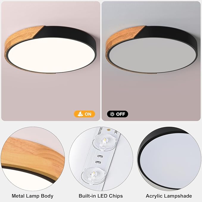 Modern LED Ceiling Light, Minimalist Wood Flush Mount Ceiling Light Fixture, 4000K Not Dimmable, Circle Lighting Lamp with Acrylic Lampshade for Bedroom Dining Room Laundry (Black,15.8")