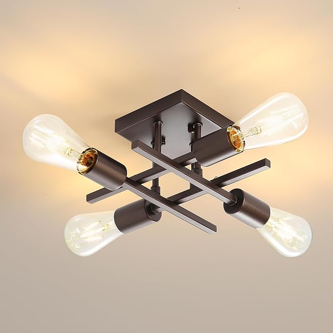 Industrial 4-Light Semi Flush Mount Ceiling Light Fixtures, Farmhouse Oil-Rubbed Bronze Chandelier Lighting, Modern E26 Base Sputnik Ceiling Lamps for Living Room Hallway, 2 Pack