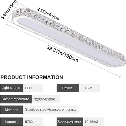 Qcyuui Dimmable LED Ceiling Light 39.4'' Kitchen Lighting Fixtures Ceiling Modern Luxury Crystal Ceiling Light with Remote Chrome Long Ceiling Light Fixture for Kitchen Dining Room Hallway,48W