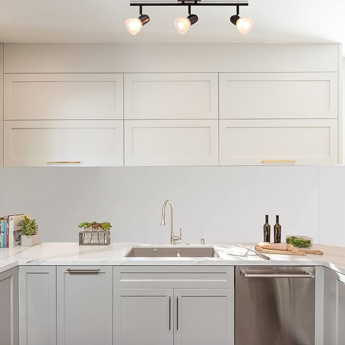 XiNBEi Lighting Track Light, 3 Light Kitchen Ceiling Light with Glass, Modern Black Track Bar Lighting XB-TR1237-3-MB
