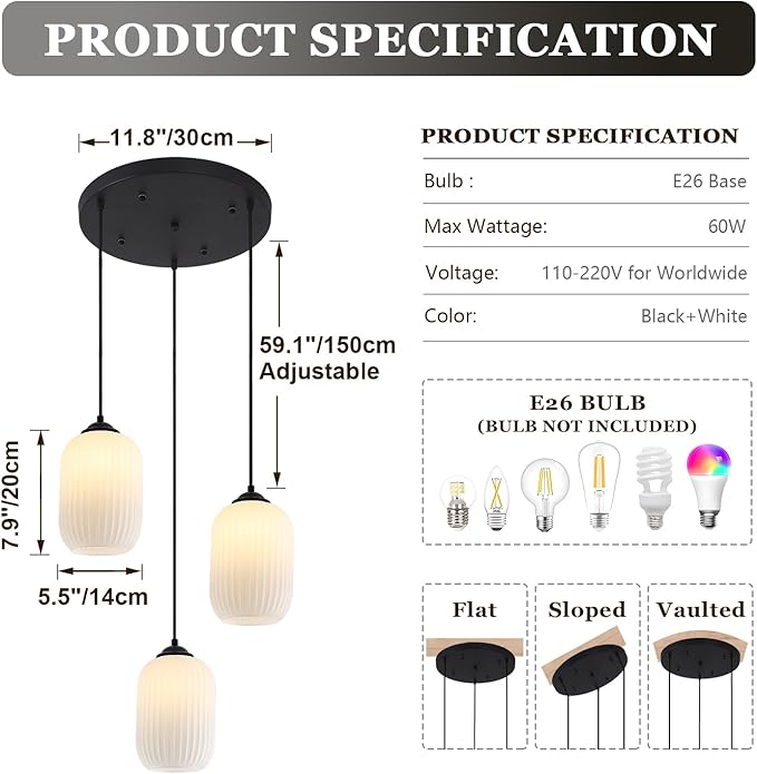 Small 3 Light Cluster Chandelier White and Black Glass Cylinder Pendant Light Vintage Milk Glass Chandelier Mid Century Modern Kitchen Island Pendant Light Stairwell Lighting Fixtures