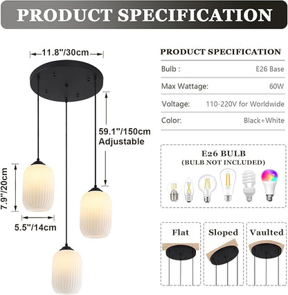 Small 3 Light Cluster Chandelier White and Black Glass Cylinder Pendant Light Vintage Milk Glass Chandelier Mid Century Modern Kitchen Island Pendant Light Stairwell Lighting Fixtures