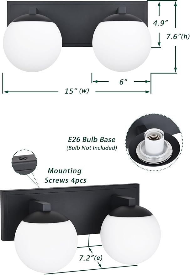 Black Bathroom Vanity Light Fixtures, 2-Light Globe Bathroom Lighting Fixtures Over Mirror, Modern Wall Lights for Living Room, Long Backplate, Standard E26 Base, Textured Black