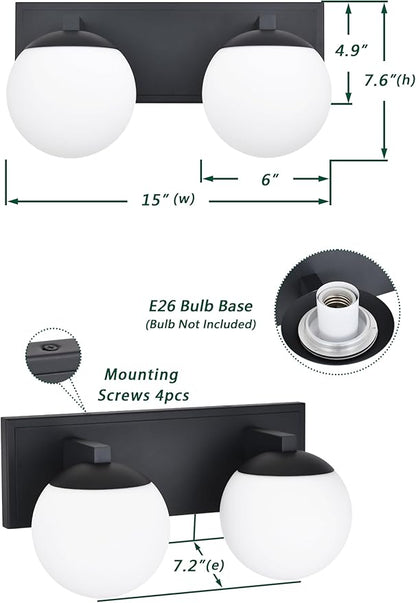 Black Bathroom Vanity Light Fixtures, 2-Light Globe Bathroom Lighting Fixtures Over Mirror, Modern Wall Lights for Living Room, Long Backplate, Standard E26 Base, Textured Black