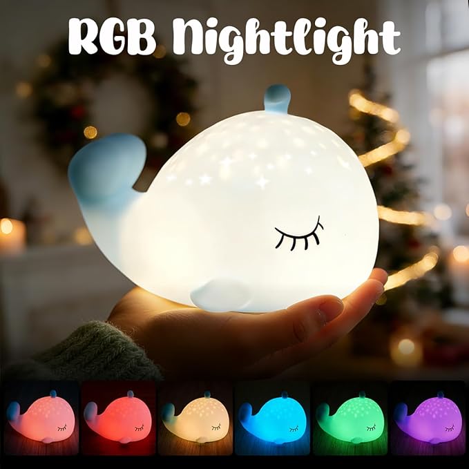 Cute Night Light Gifts for Kids, 7 Colors Blue Whale Toys Cute Lamp,Soft Silicone Baby Night Light,Silicone Whale Rechargeable Nightlight for Kid Kawaii Room Decor