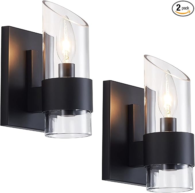 WUZUPS Set of 2 1-Light Bathroom Wall Light Fixture Over Mirror Class Shade Morden Vanity Scones for Bathroom Bedroom Living Room, E12 Base, Black