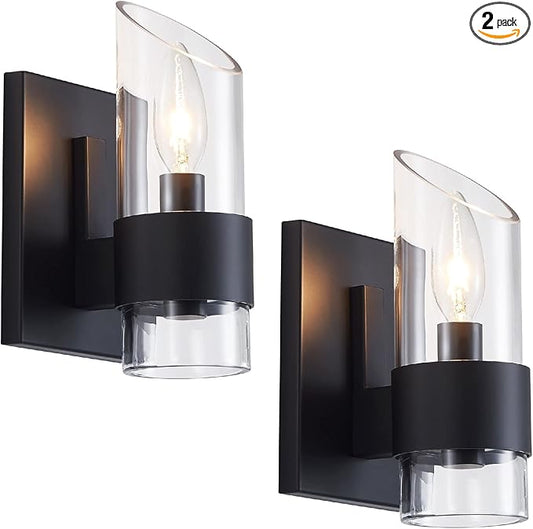 WUZUPS Set of 2 1-Light Bathroom Wall Light Fixture Over Mirror Class Shade Morden Vanity Scones for Bathroom Bedroom Living Room, E12 Base, Black