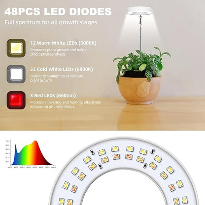Kullsinss Grow Lights for Indoor Plants, Full Spectrum Halo Growing lamp with Detachable Base, Height Adjustable, 3 Colors, 10 Dimming, Automatic Timer, Plant Light for Succulents Small Plants