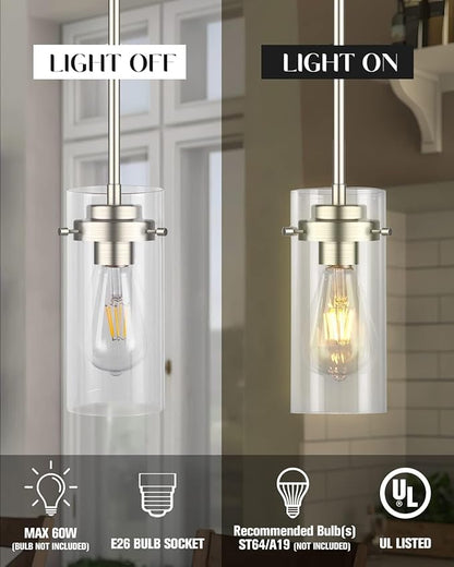 EAPUDUN Pendant Lights Kitchen Island (3 Pack), Clear Glass Shade Kitchen Lighting fixtures Ceiling Hanging, Brushed Nickel Light for Kitchen Island,Dining Room,Corridor Bedroom E26 Base