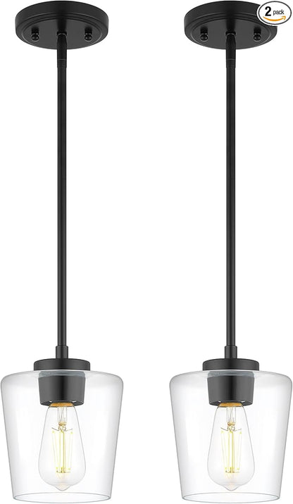 Pendant Lights Kitchen Island 2 Pack, 6" Matte Black Hanging Lights Fixtures with Clear Glass Shade, Modern Kitchen Pendant Lighting Over Island for Dining Room, AD-22004-1P2-BK-C