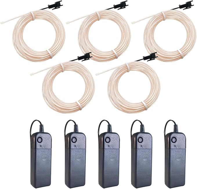 MaxLax EL Wire White 5-Pack, 9ft/2.75m Neon Light Wire with Noise Reduction and Battery Pack…