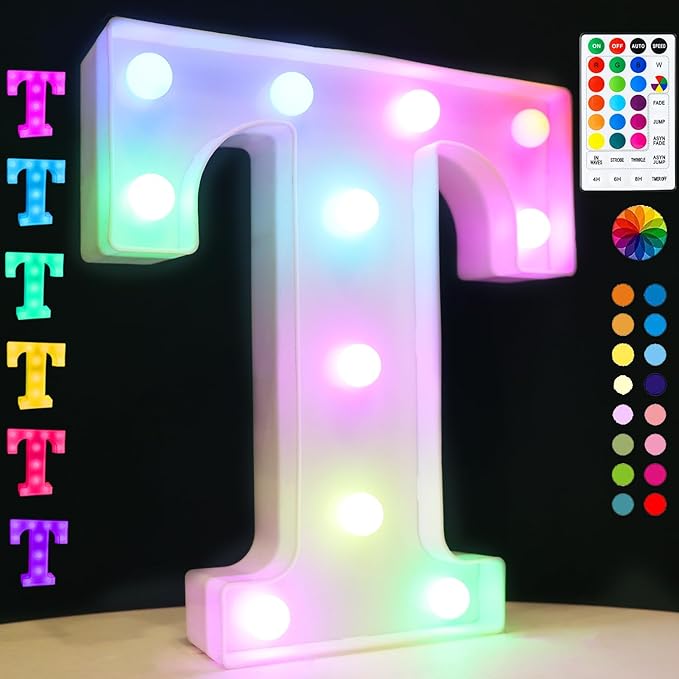 LED Marquee Letter Lights, 18 Colors Changing Light Up Letters with Remote, RGB Alphabet Letters Sign for Girls Boys Gift Birthday Party Night Light Bedroom Wedding Christmas Decor-Colorful T