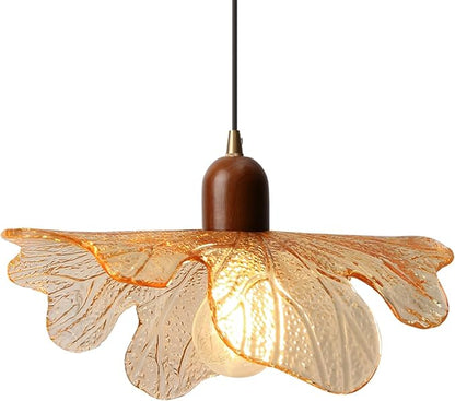 Amber Glass Pendant Light Vintage Kitchen Island Over Hanging Lights 13-inch Glass Shade Natural Wood Chandelier for Living Room Dining Room Bedroom, 1-Light