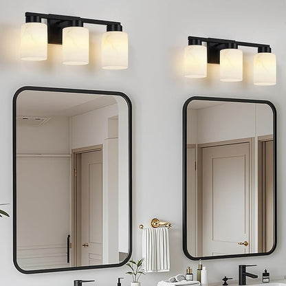 3-Light Bathroom Light Fixtures, Modern Vanity Lights, Black Metal Wall Lamp with Handcrafted Art Glass for Bathroom, Mirror, Living Room, Bedroom, Cabinet, Porch, Hallway, E26 Base