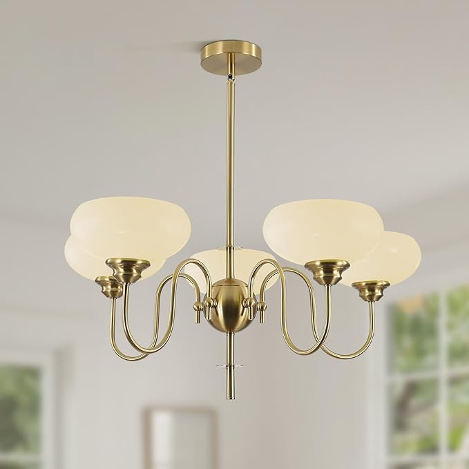 BOKT Modern Chandelier for Living Room, Mid Century Gold Chandelier for Dining Room, Vintage Milk Glass Globe Chandeliers for Different Ceilings