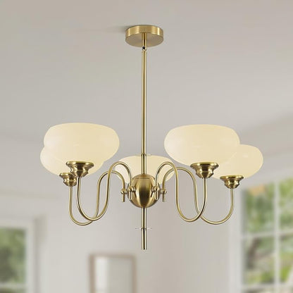 BOKT Modern Chandelier for Living Room, Mid Century Gold Chandelier for Dining Room, Vintage Milk Glass Globe Chandeliers for Different Ceilings