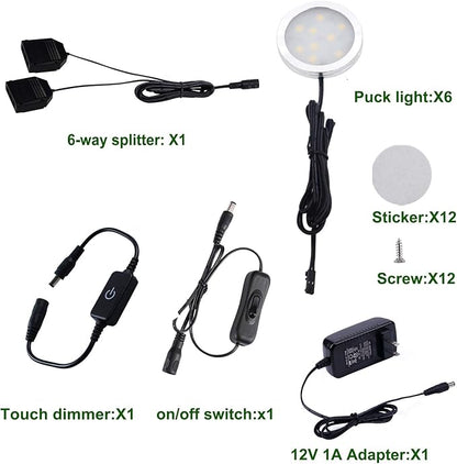 AIBOO Under Cabinet LED Puck Lights Kit with Touching Switch Dimmable for Kitchen Cupboard Closet Lighting (6 Lights,Daylight White)