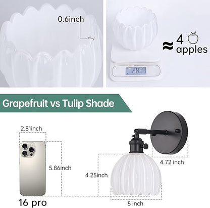 Shenmoyl Vintage Battery Operated Wall Sconce with White Tulip Glass Lampshade Rechargeable Battery Powered Black Wall Light with Remote Control for Bedside Bedroom Doorway, Set of 2