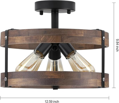 3-Light Rustic Farmhouse Wood Flush Mount Ceiling Light Fixture Oak Wood Round Drum Semi Flush Mount Ceiling Light for Hallway Hall Entry Bedroom Farmhouse Indoor, Black