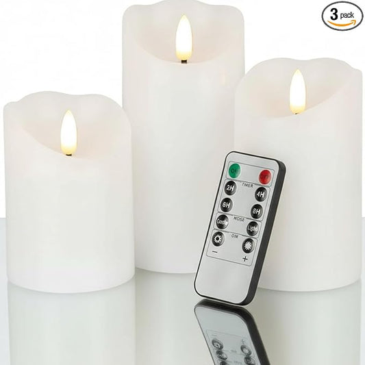 VENTA Set of 3 White Pillar Candles | Real Wax Battery Operated Flickering LED Candles with Remote | Timeless Decor for Farmhouse, Modern & Mantel Displays