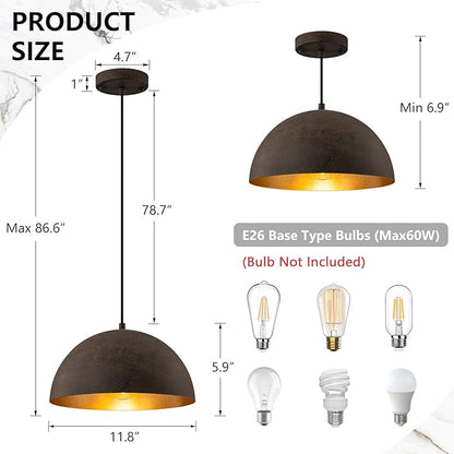 Farmhouse Pendant Light,11.8" Black with Brown Grain Industrial Dome Chandelier 2 Pack,Adjustable Vintage Pendant Lights Kitchen Island for Dining Room,Bedroom,Hallway