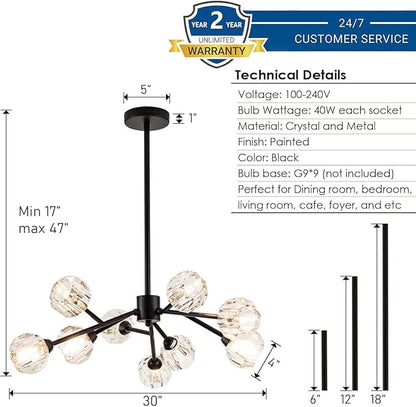 Weesalife Sputnik Chandeliers for Dining Room Light Fixture Over Table, Modern Crystal Chandeliers, 9 Lights Black Lighting Fixtures for Living Room Bedroom Kitchen Island Bar