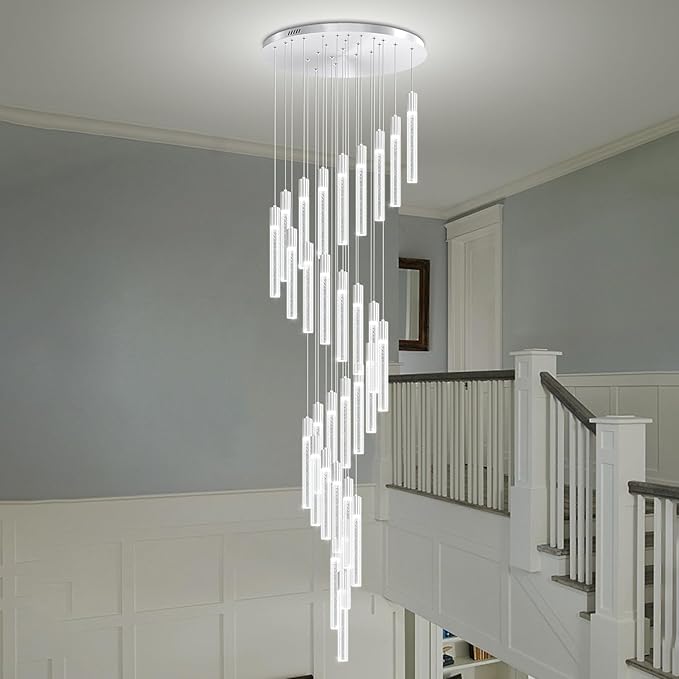 D28inxH177in Long Crystal Column Chandelier Large Staircase Chandelier for High Ceiling 30-Light Dimmable LED Pendant Lighting Foyer Entryway Light Source is Replaceable