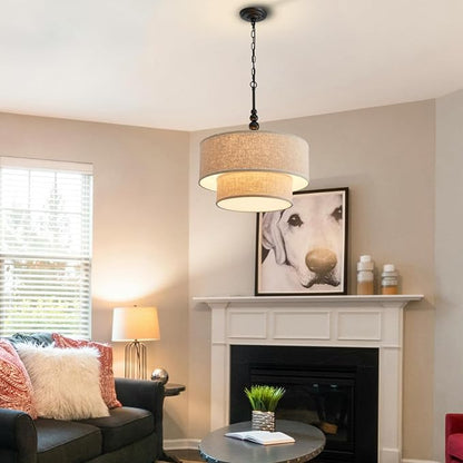 Shrine Lighting Double Drum Chandeliers, Farmhouse Style, Perfect Drum Pendant Light for Dining Room, D20'' x H10'', Adjustable Chains 55'', E12*4 Sockets, Beige Linen Fabric Lampshade & Black Rod